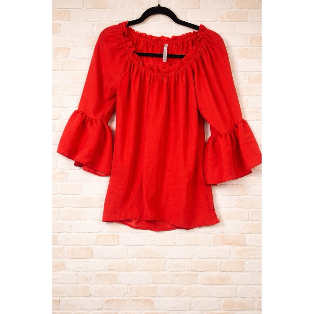 Forgotten Grace Red Ruffle Neck Bell Sleeve Peasant Blouse Small Boho Top